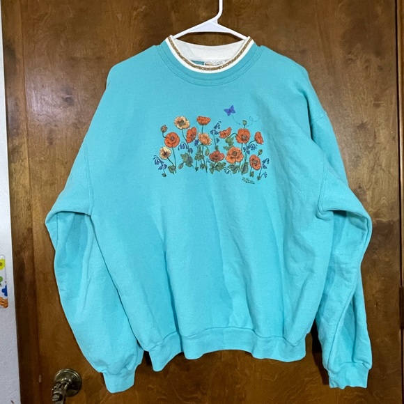 Vintage 90s Morning Sun Teal Double Collar Grandma Sweatshirt Crewneck Poppy Med - Picture 2 of 8